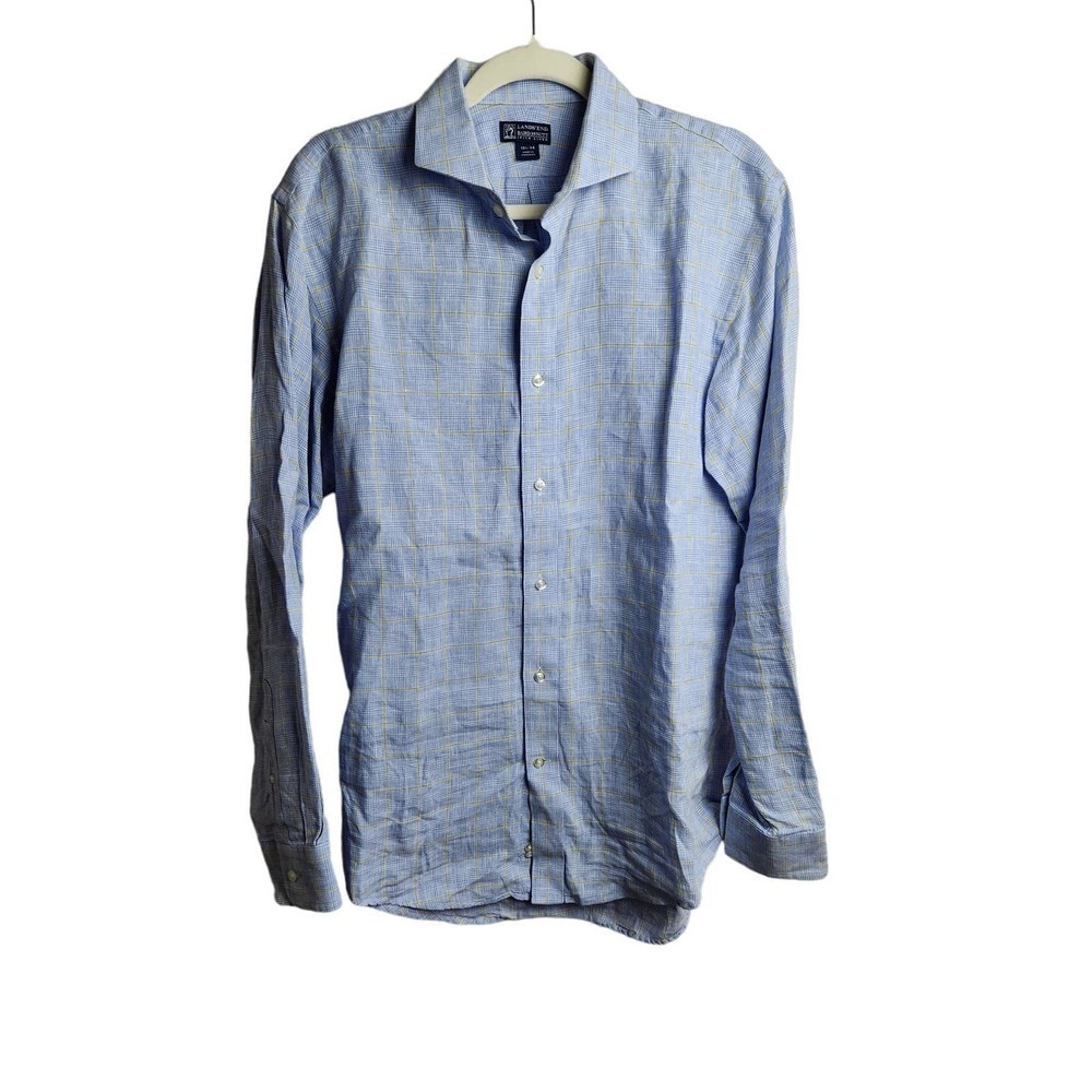 Lands End Baird McNutt Irish Linen Mens Button Up Sz 15.5/34 plaid beach summer